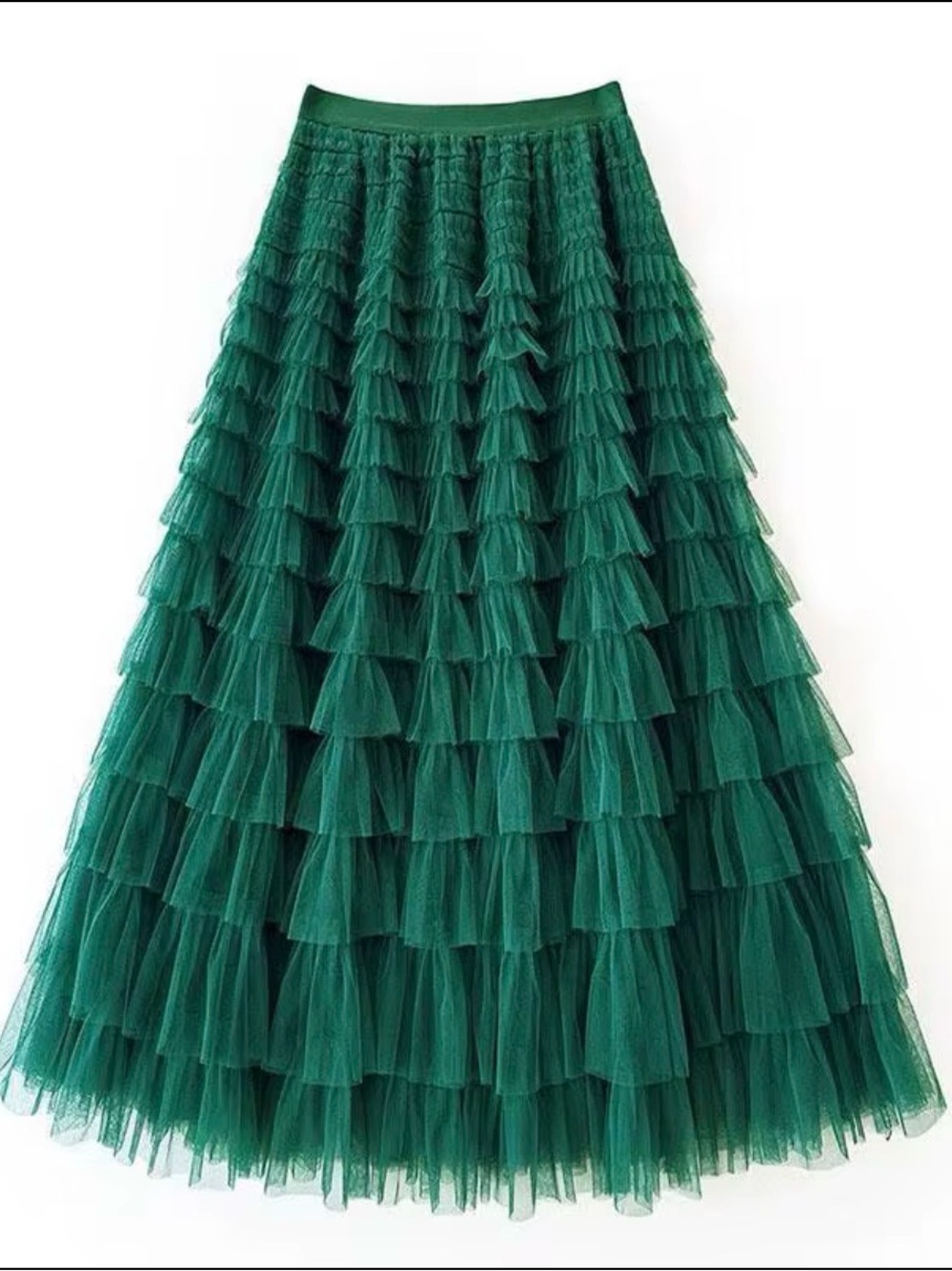 Tiered Mesh Ruffled Tulle Full Length Maxi Skirt with Elastic Waistband, Green